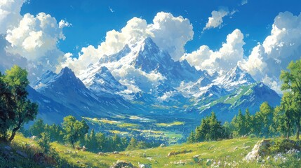 Fototapeta premium A Serene Mountain Landscape with Lush Greenery and Puffy Clouds