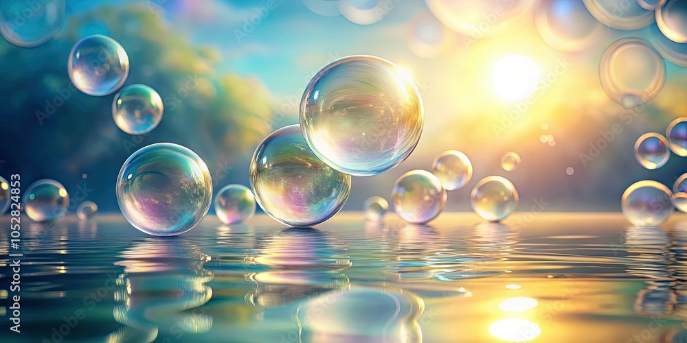 Poster abstract minimalist bubbles background - soft colors, light reflections, and fluid forms in a tranqu