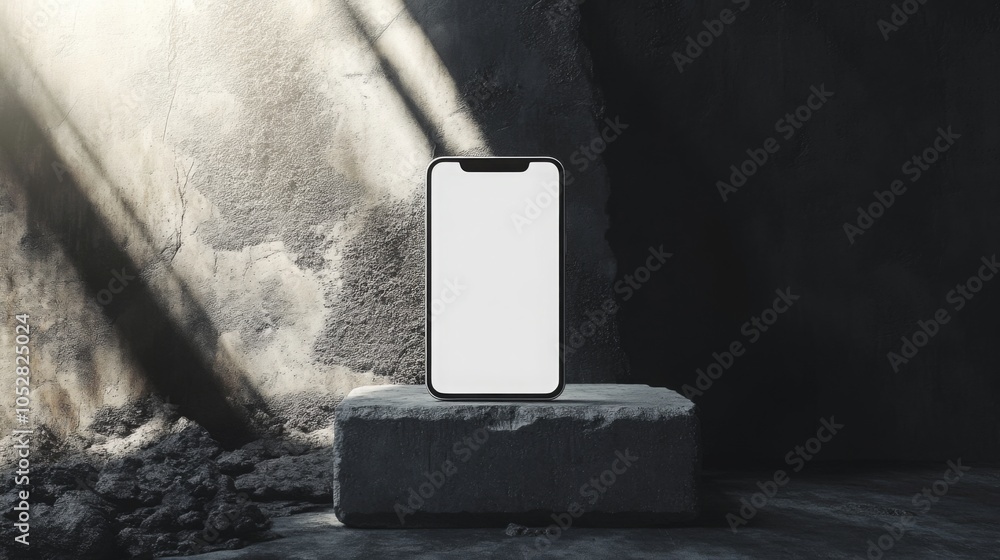 Leinwandbilder a modern smartphone rests on a concrete block, surrounded by shadows created by the light filtering 