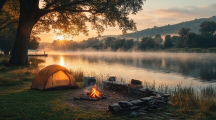 A serene camping spot by the river features a tent and crackling campfire as the sun rises, casting a warm glow over the misty landscape and surrounding trees.