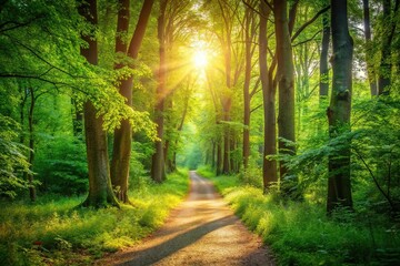 Obraz premium Peaceful forest path in sunlight