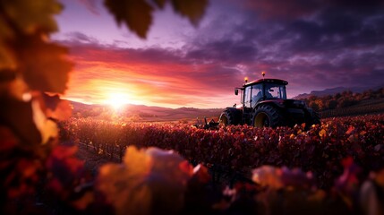 Fototapeta premium Tractor working in a vineyard at sunset.