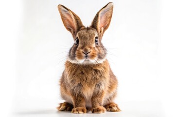 Obraz premium Adorable Fluffy Brown Rabbit Portrait - Cute Happy Bunny on Two Hind Legs Isolated on White Background for Pet Lovers and Animal Enthusiasts