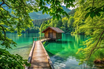 Naklejka premium Peaceful lakeside road with a quaint boathouse perched on stilts above the emerald waters framed by lush foliage