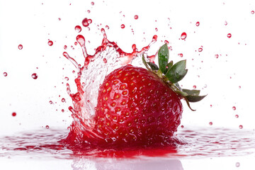 Strawberry splashing on white surface, juicy red against clean canvas, droplets frozen midair, moment captured in vibrant motion.
