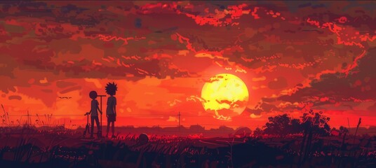 In this digital artwork, a young boy&rsquo;s silhouette rides a scooter under a sky filled with vibrant sunset colors, capturing a serene moment.