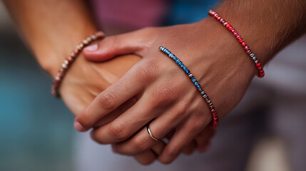 Three people holding hands and wearing bracelets