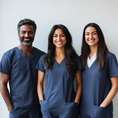Three Doctors ethnically diverse women men female male scrubs blue pink purple nurse healthcare workers staff smiling dentist