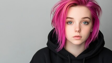 Naklejka premium Young woman with vibrant pink hair and a black hoodie against a neutral background, AI