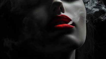 Obraz premium cropped black and white portrait of sexy young woman with red lipstick on lips exhaling cigarette smoke on black background with copy space