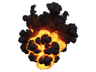 cartoon flaming explosion isolated against a clear background, accompanied by smoke