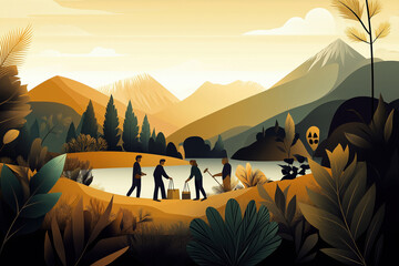 Naklejka premium Outdoor exploration at a tranquil lake with mountains and forest under a golden sunset