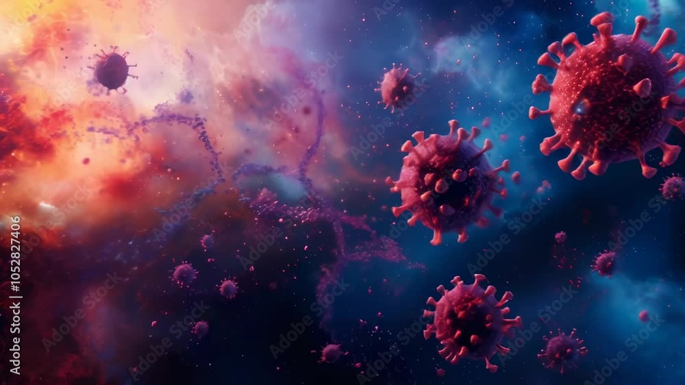 Poster Microscopic view of virus particles floating in a vibrant and colorful world, possibly depicting a scientific or medical concept related to viral infection