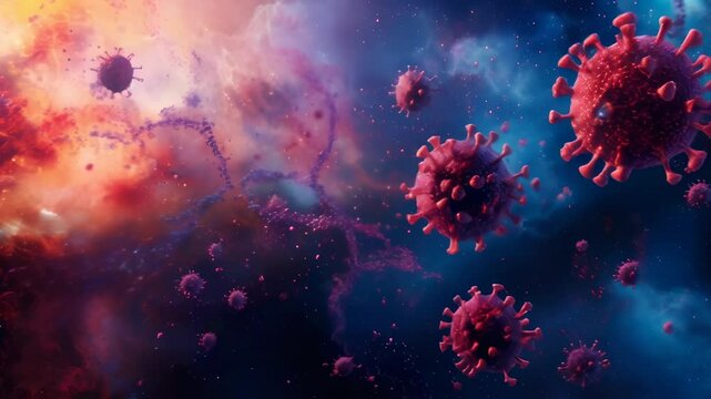 Microscopic view of virus particles floating in a vibrant and colorful world, possibly depicting a scientific or medical concept related to viral infection