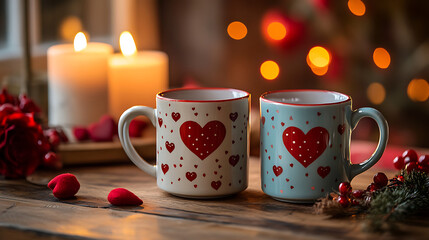 Fototapeta premium Two cups with hearts on them sit on a wooden table