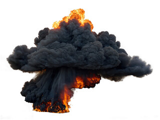 flaming explosion isolated against a clear background, accompanied by smoke