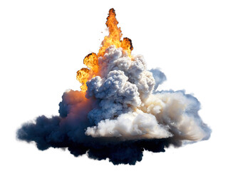 flaming explosion isolated against a clear background, accompanied by smoke