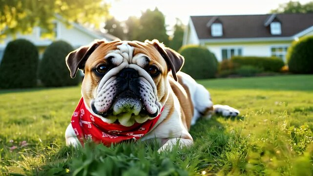 Meet ng English bulldog red bandage collar resting contentedly front house summer capturing essence sleepy pet ing surroundings 4K dog yard purebred doggy rest outdoors pedigree animal adorable