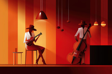 Fototapeta premium Musicians performing in a warm, vibrant lounge setting during a live jazz night