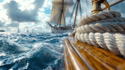 Obraz premium A close-up of a rope on a boat with a sailing ship in the background.