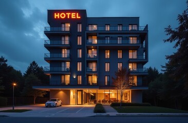 Modern hotel building illuminated during twilight with glowing sign and calm atmosphere in a serene location