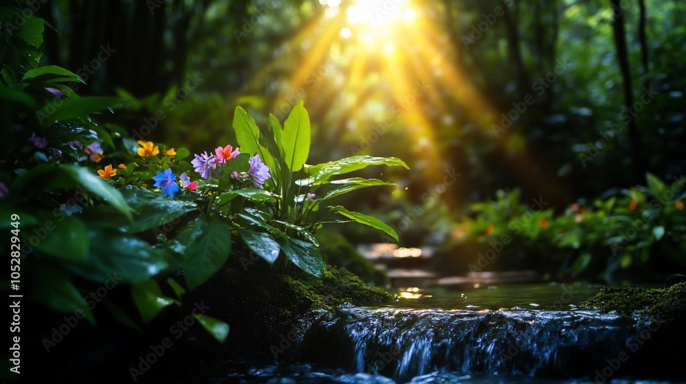 Aufkleber sunbeams illuminate a lush forest scene with a small stream flowing through it.