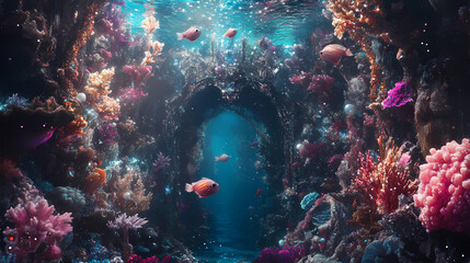Obraz premium Underwater crystal palace teeming with bioluminescent sea creatures merfolk swimming through ornate coral archways shimmering pearls adorning walls. Crystal Palace. Illustration