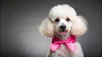 Photo of elegant white poodle with pink ribbon, perfect for pet grooming or fashion products