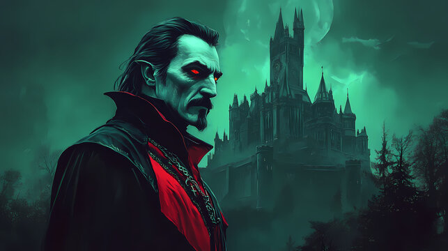 Vampire count vlad tepes dracula in front of a gothic castle. Vampire Lord. Illustration