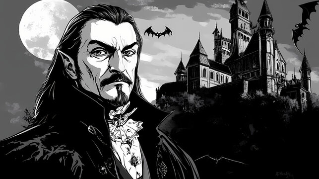 Vampire count vlad tepes dracula in front of a gothic castle. Vampire Lord. Illustration