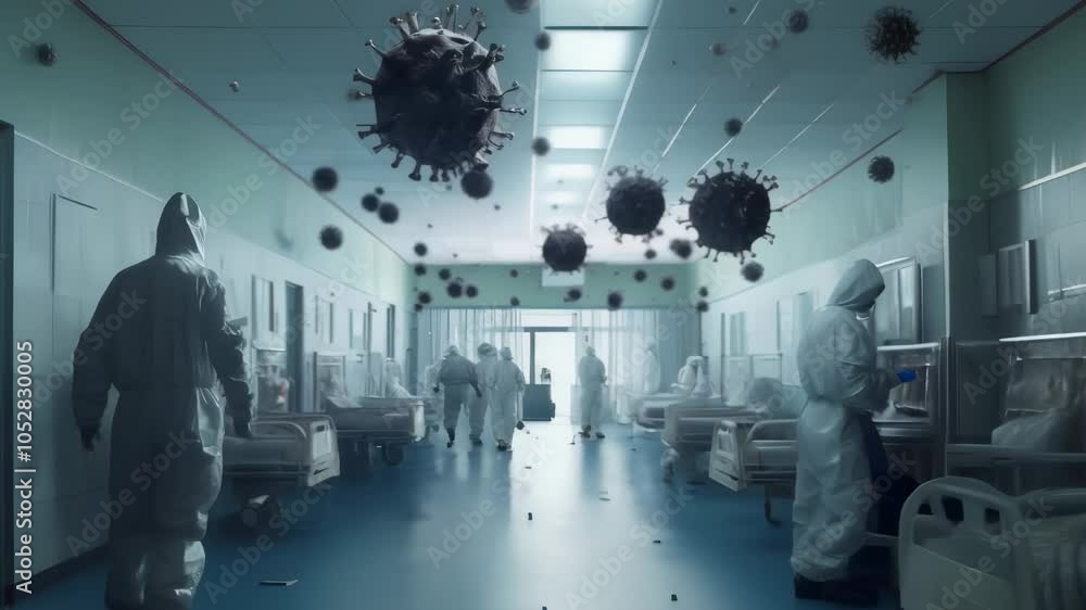 Poster medical professionals wearing hazmat suits are walking through a hospital corridor as dangerous viru
