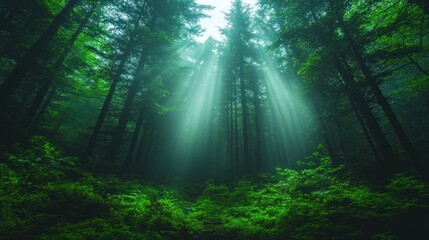Naklejka premium Sunbeams Piercing Through a Misty Forest Canopy