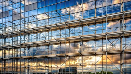 Facade of building with scaffolding reflecting the sky