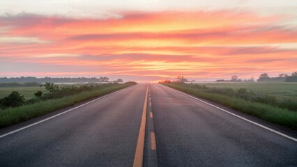 Fototapeta premium A straight road leading towards a sunrise. The road is paved and has a yellow line down the middle