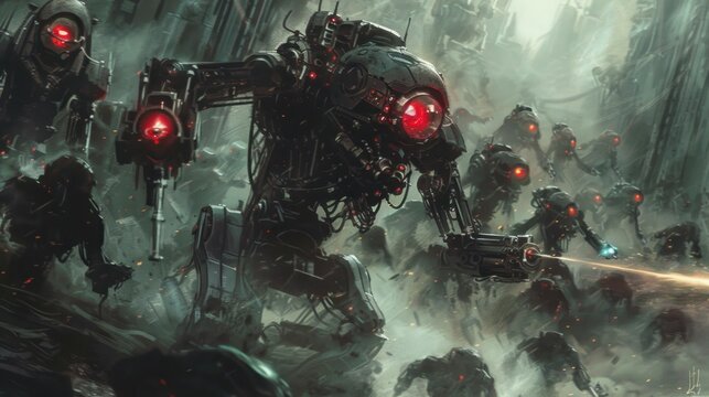 Cybernetic warriors fighting hordes of robots, AI generated image