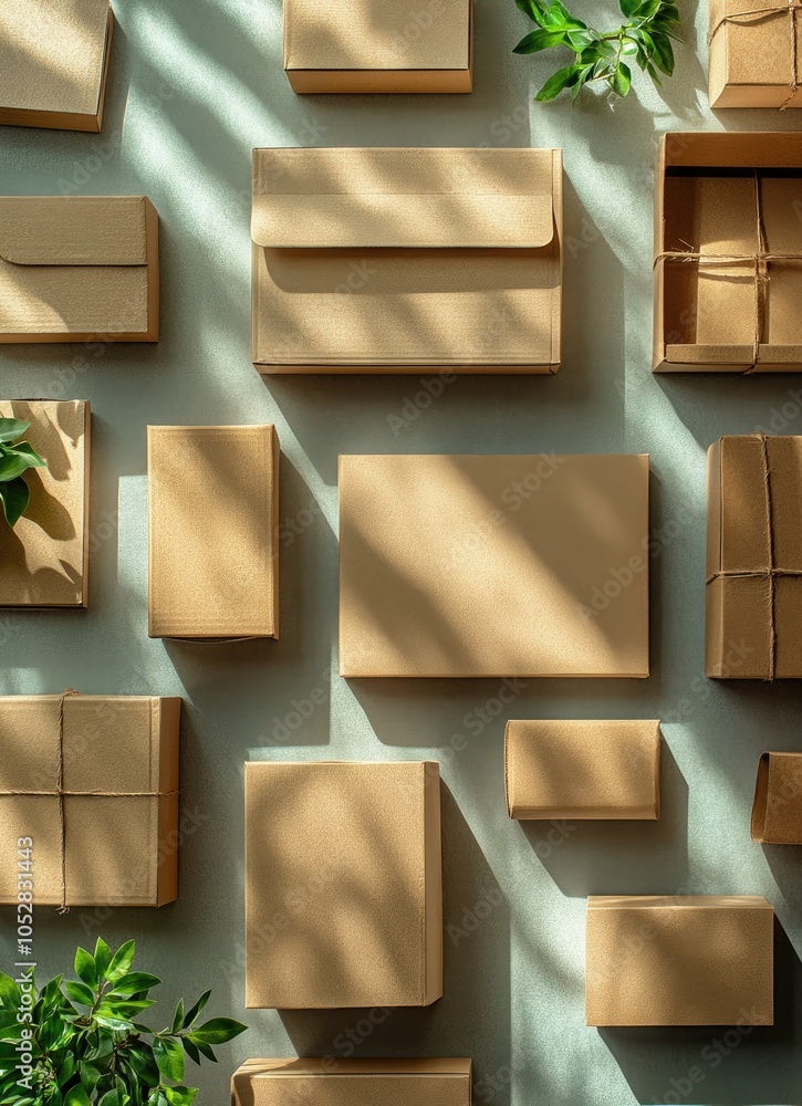 Poster a flat lay of various sized cardboard boxes and small potted plants on a gray background with a shad