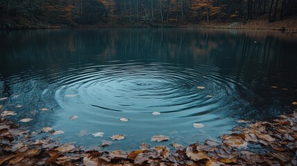 Obraz premium A Single Ripple in a Calm Forest Pond with Fallen Leaves