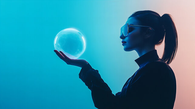 A woman in sunglasses holds a shimmering soap bubble against a vibrant blue and pink background during an artistic photoshoot