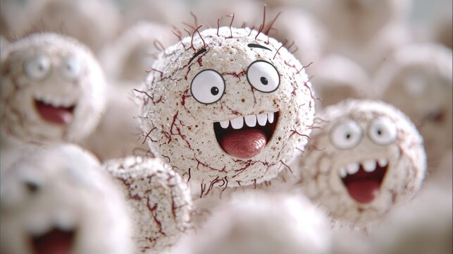 A group of funny, cartoon-like microbes with big eyes and grins.