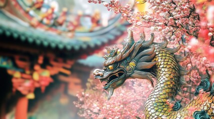 Obraz premium A gold dragon statue is sitting on a tree branch