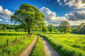 Obraz premium Picturesque countryside landscape with meadow fields, tree path, blue sky, and reflection in England
