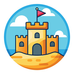 A cartoon sandcastle with a flag on top, surrounded by a blue sky and ocean.