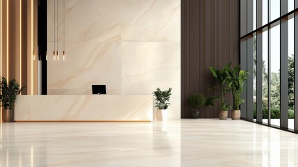 Modern reception area with marble counter and lush greenery in a bright, open space