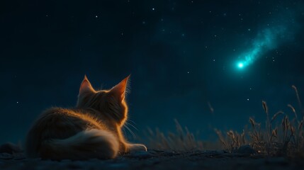 A cat is laying on the ground looking up at a shooting star