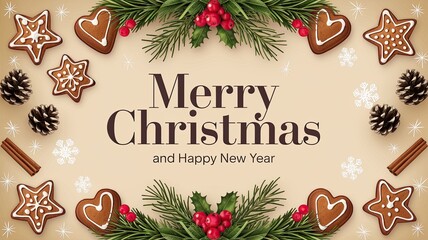 Holiday greeting card decorated with cookies and festive greenery.