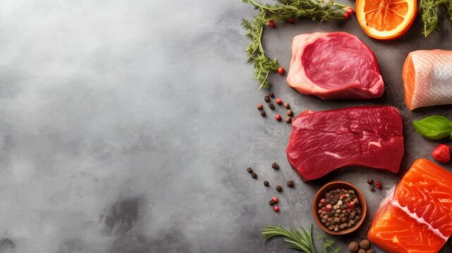 Fresh raw beef steaks, salmon, cod fillets, orange slices and spices like thyme, rosemary, basil and peppercorns are lying on a grey background, composing a ketogenic diet meal