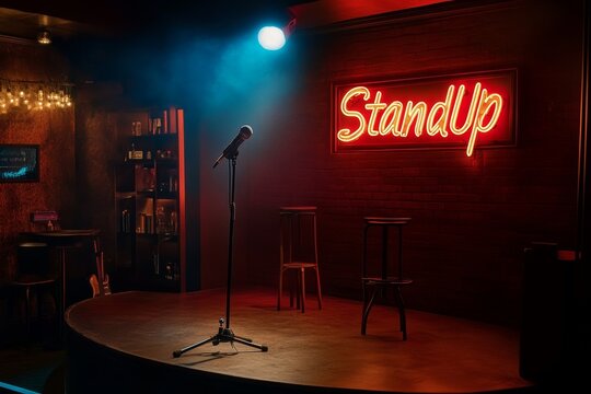Spotlit comedy stage with microphone and vintage neon sign inviting laughter at a stand-up show