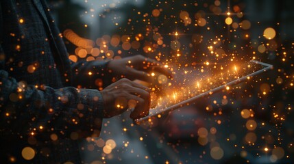 A businessman holding an iPad with glowing digital connections and nodes, representing global network connection technology for business or social communication concepts