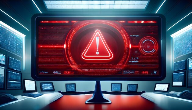 Cybersecurity warning with a flashing red alert symbol 