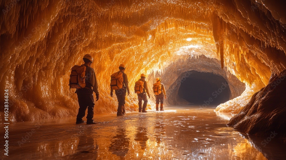 Poster explorers navigating a shimmering cave with stalactites and reflections.